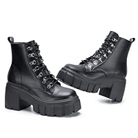 FITORY Women’s Combat Boots Lightweight Lace up Side Zipper Ankle Botas High Heel Chunky Platform Lug Sole Booties Black Size 7