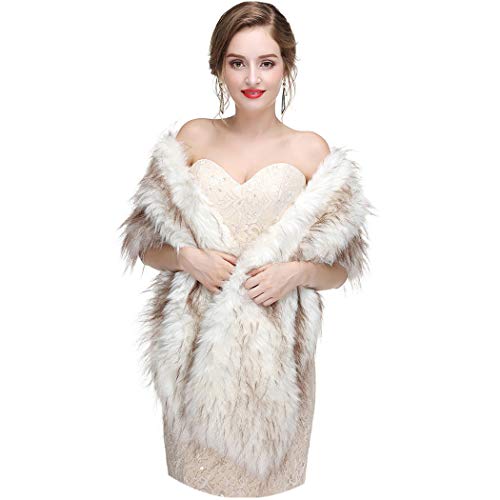 Women's Long 1920 Faux Fur Shawl Bridal Wedding Fur Wraps and Shawls Faux Mink Shawl (White, Faux Fur Mink)
