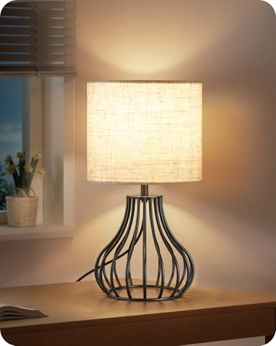 GOEBLESON Lámpara de Mesita de Noche, Luz de Mesa Auxiliar con Marco de Metal y Pantalla de Lino, con 1 Bombilla LED de 4W, para Dormitorio, Salón,Beige y Negro E10TLD05