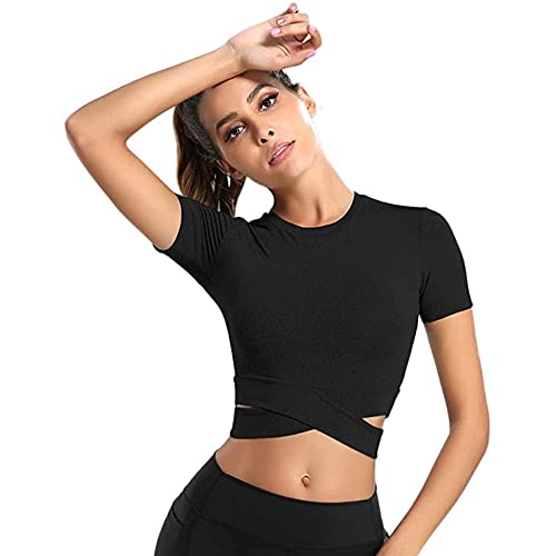 T-Shirts de Sport pour Femme Manche Longues Croisé Haut Court avec Trous pour Les Pouces Tee Shirt de Yoga pour Pilate Entraînement Fiteness Running