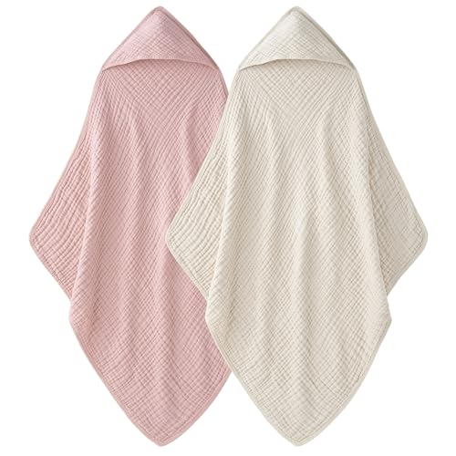 Image of Unnivoll Hooded Baby Towels 100% Muslin Cotton Baby Bath Towels with Hood 2 Pack Baby Towels for Newborn, Infant, Toddler, Kids, Large 32x32Inches, Soft and Absorbent Newborn Essential Apricot&Pink