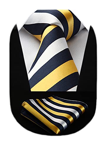 Image of HISDERN Stripe Tie Mens Ties with Pocket Square Set Classic 3.4'' Silk Formal Necktie Handkerchief for Business Wedding