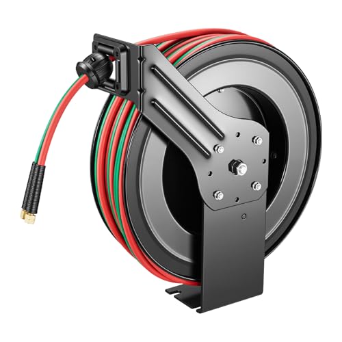 VEVOR Retractable Welding Hose Reel 1/4 Inch x 100FT Twin Oxygen Acetylene Rubber Hose Max 300PSI - R Grade Ceiling/Wall Mount Heavy Duty Steel Hose Reel Auto-Rewind Ideal for Workshops Garages