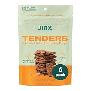 Jinx Tenders Chicken Jerky Dog Treats All Natural Ingredients Soft Chewy Low Calorie Slow Smoked Chicken Sweet Potato No Fillers 5oz 6 Pack