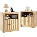 Decofy Fluted Nightstand Set of 2 with Charging Station, 2 Drawers, Oak
