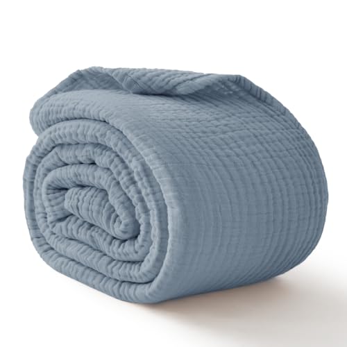 Image of Cotton Muslin Blankets for Adults, 6-Layer Large Throw, 50 x 70, Dusty Blue