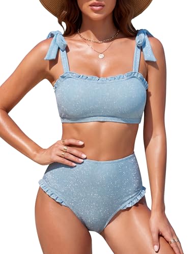 Blooming Jelly Womens High Waisted Bikini Sets Tummy Control Sparkly Ruffle Trim Two Piece Swimsuit 2026 Modest Cute Retro Bathing Suit (Medium, Sky Blue)
