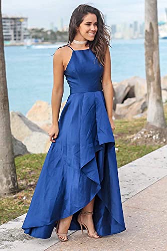 homdor High Low Prom Dress Satin Halterneck A Line Formal Evening Gown Wedding Guest Party Cocktail Dress with Pockets3
