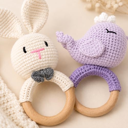 Image of Handmade Crochet Bunny Rattle & Whale Wooden Teether Combo | Baby Teether Toy with Natural Wooden Ring | Soft Knitted Infant Sensory Rattle | Newborn Teething Toy | Organic Cotton Baby Gift Set (Pack of 2)