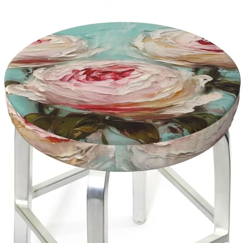 FireDeer 3 Pale Pink Cabbage Roses Round Bar Stool Cover Waterproof Stool Slipcover Anti-Slip Seat Cover Cushion 13 Inch