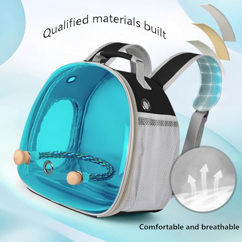 Image of Polarized Tinted Blue Bubble Small Bird Carrier Travel Cage, Portable Bird Carry Backpack with Stainless Steel Tray and Standing Perch for Parakeet Cockatiel Budgies
