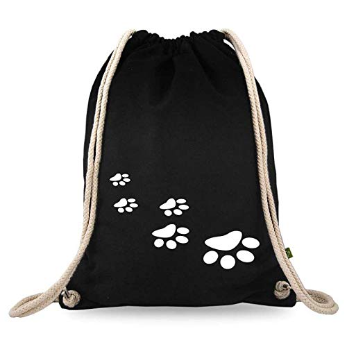 Turnbeutelliebe® Bolsa de deporte con diseño – huellas – algodón negro – Bolsa de deporte – Mochila de tela – Bolsa de gimnasio – aprox. 12 litros – 37 x 46 cm.