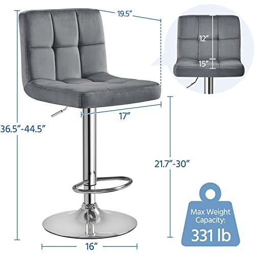 Image of Yaheetech Bar Stools Set of 2, Adjustable Velvet Fabric Swivel Barstools, Modern Counter Stools with Back and Footrest, Counter Height Barstools for Bar, Kitchen, Dining Room, Dark Gray