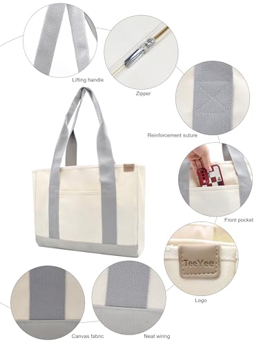Image of TeeYee 16oz Canvas Tote Bag Casual Multi pockets Handbags Large Capacity Shopping Shoulder Bag with Pocket Bags Work Purses