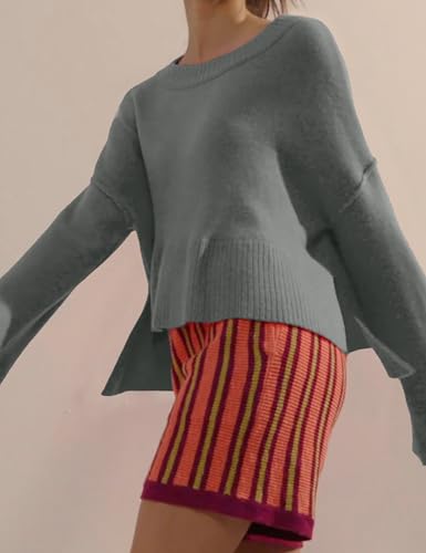 Image of Womens Lightweight Sweaters Crewneck Bell-Style Sleeve Batwing Knit Tops Slouchy Soft Pullover Jumpers(Darkgrey-M)
