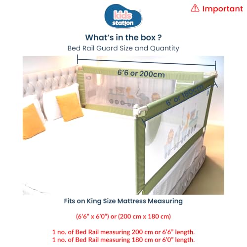 Image of Kids Station 2 Side with Pocket Bed Rail Guard (6.6ft x 6ft / 200cm x 180cm), Bed Railing for Baby Safety, Kids Toddler Bed Protector Side Walls, Adjustable Height, Portable & Foldable (Green)