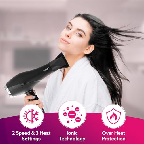 Image of AGARO HD-1120 2000 Watts Professional Hair Dryer with AC Copper Motor, Concentrator, Diffuser, Comb, Hot & Cold Air, 2 Speed 3 Temperature Settings with Cool Shot, For both Men & Women, Black