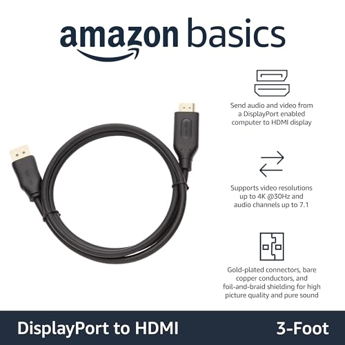 Image of Amazon Basics DisplayPort to HDMI Cable, Video and Audio, Uni-Directional, 1920x1200, 1080p Full HD, Gold-Plated Plugs, 3 Feet, Black, 5-Pack