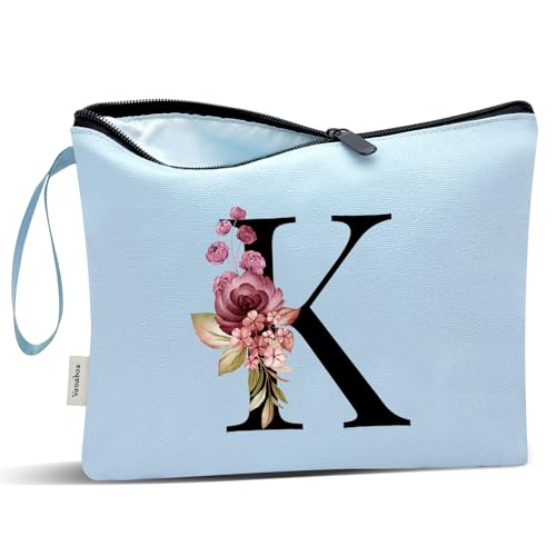 Image of Vavabox A-Z Personalized Makeup Bag, Birthday Gifts for Women Mom, Gifts for Best Friend, Bride Bridesmaid Cosmetic bag (K, Blue)