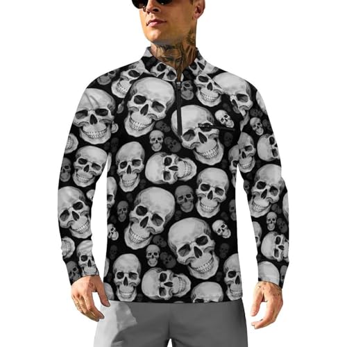 Watercolor Tattoo with Skull Element Men's Rash Guard Long Sleeves Quick Dry Fishing Workout Shirts with Zipper