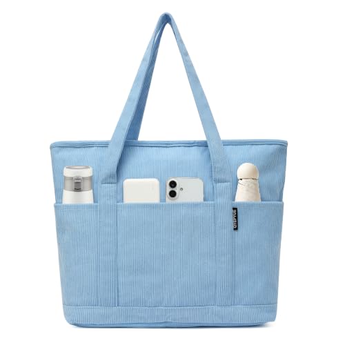 Image of Large Canvas Tote Bag for Women, Beach Bag with Zipper, Utility Tote Bag with 3 Front Pockets, Weekender Pool Bag