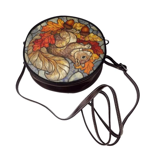 Squirrel With Acorns And Autumn Leaves Women Round Crossbody Bags Leather Sling Bag Purse4