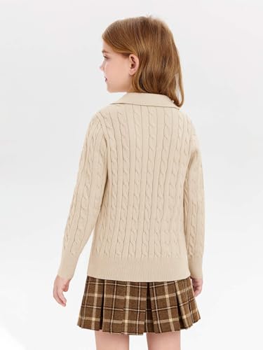 Image of Girls Sweaters Kids Fashion Cable Knit Collared V Neck Pullover Sweater Tops 5-14 Years Khaki
