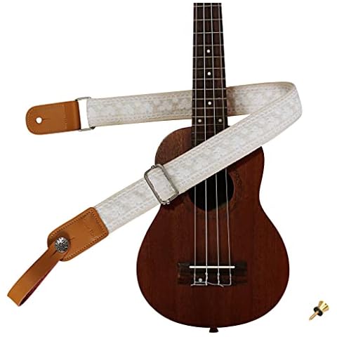 MUSIC FIRST Original Design White Graceful & Vintage Lace Soft Lace & Genuine Leather Ukulele Strap Ukulele Shoulder Strap With a Genuine Leather Strap Locker (White) Cover