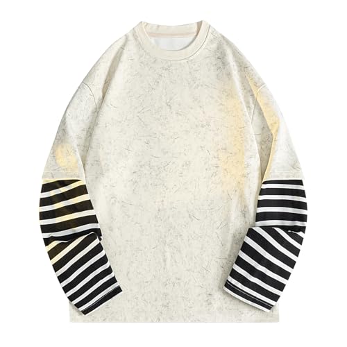 GURUNVANI Mens Fake Two Piece Patchwork Long Sleeve Shirt Unisex Oversized Striped Sweatshirt