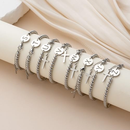 Image of Initial Cross Silvery Bracelets for Women Trendy, Initials Cross Charm Beaded Bracelet, Christian Gifts for Women, Baptism Confirmation Christmas Inspirational Gifts for Mom Daughter Friend Sister
