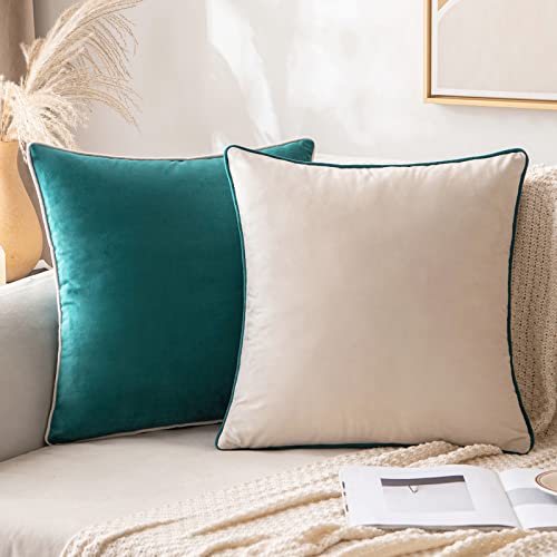 Miulee Decorative Throw Pillow Covers Soft Velvet Pillow Covers Cream White And Teal 20X20 Set Of 2 Cushion Cases Modern Color-Clash Design Mix And Match Home Decor For Boho Couch Bed Living Room #TOP5