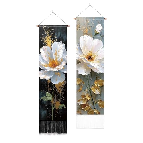 PLIGREAT 2 paquetes de tapices de pared con estampado floral para colgar en la pared con pintura al óleo, flores y borlas, tapiz vintage para dormitorio, salón, decoración del hogar, tapices