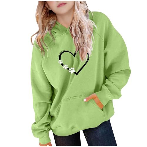 duxyoz Hoodies for Teen Girls Oversized Preppy Hooded Sweatshirt Heart Print Casual Loose Fit Basic Sweatshirt with Hood Pocket Green 14-15 Years