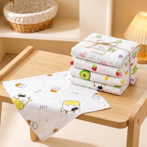 Image of GLUN 25x25cm Newborn Baby Muslin Cotton Towels Pack of 5, 2-Layer Soft Washcloth Hankies, Reusable Face Cloths for Infant Feeding, Cleaning & Bath, Skin Friendly, Printed