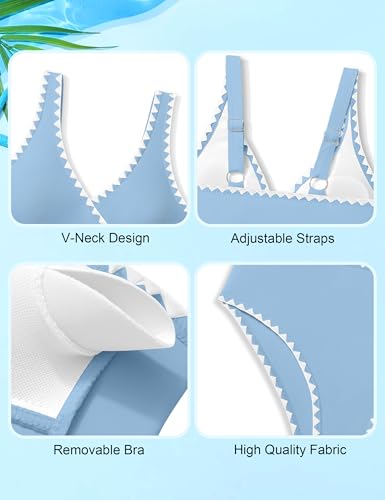 Image of KANGKANG Girls Swimsuit Bikini Set Solid Color V-Neck Two Piece Bathing Suit with Chest Pad Adjustable Straps Swimwear 7-16T