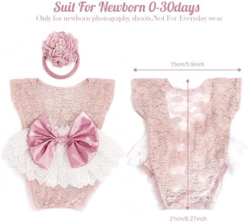 ForBaysy Infant Newborn Photography Props Girl Outfit Lace Romper with Cute Flower Headband Newborn Dress Posing Props — view 6