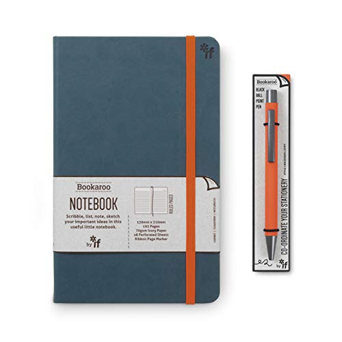 IF Bookaroo Lot de cahiers et stylos à bille lignés classiques Bleu sarcelle avec élastique orange contrasté Fermeture ruban et stylo Couverture rigide en polyuréthane souple A5 21,5 x 13,5 cm 192