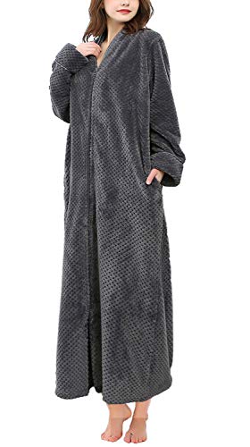 Soojun Women's Waffle Fleece Soft Zip Up Front Bathrobe, Dark Gray, Large/X-Large