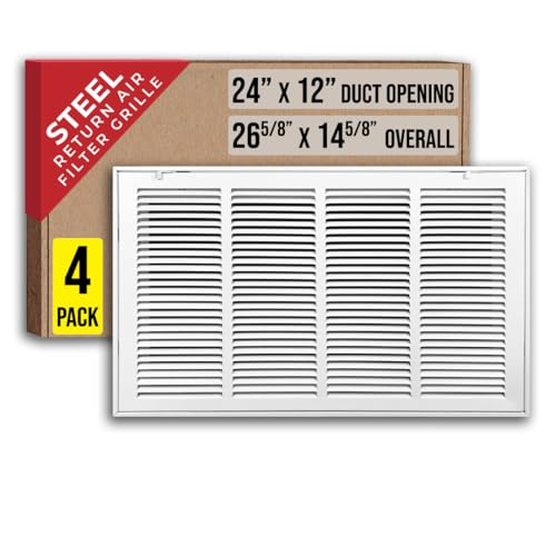 [4 Pack] Fits 24x12 Duct Opening | Steel Return Air Filter Grille by Handua [Removable Door] for 1-inch Filters | Vent Cover Grill | White | HVAC Cold Air Intake Grille | Out Dim: 26 5/8"W X 14 5/8"H