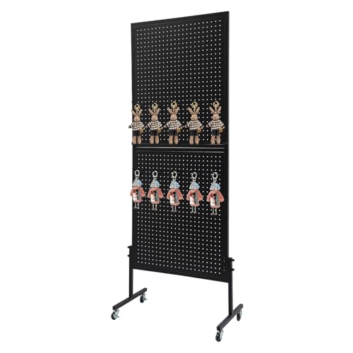 Cbhfmljd Double Pegboard Panels Tower with T-Base, Pegboard Shelf Retail Display Stand with Wheels Art Display Stand with 10 Hooks 66.14lbs Capacity for Handicraft Exhibitions, Retail Stores (Black)