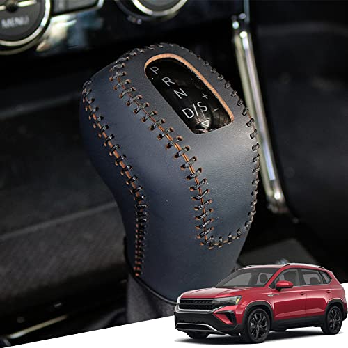 Genuine Leather Automatic at Gear Shift Knob Cover Protector Trim,the car Interior Accessories(Black Stitches) for Taos 2022 2023