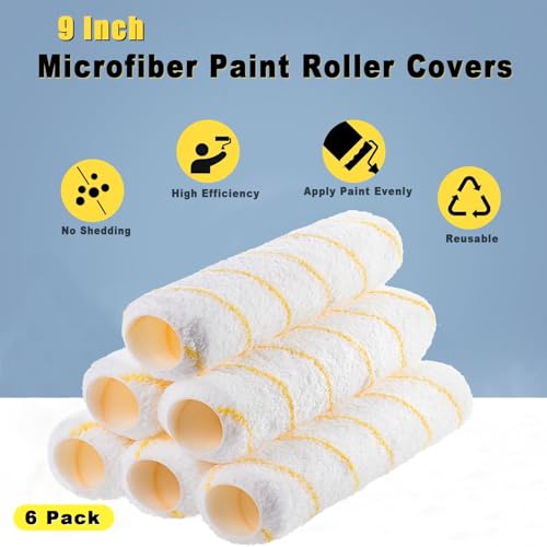 ACEBON Farbrollerhülsen, 22,9 cm, 6 Stück Rollen mit Verlängerungsstange 1,2 m zum Streichen von Wänden und Decken, Schutzfolien oder Streichen auf glatten und halbrauen Oberflächen