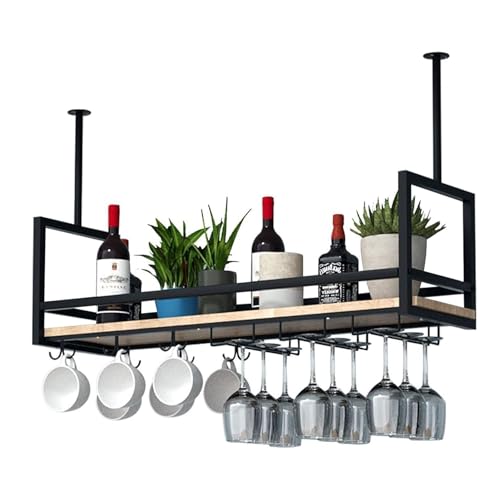 Casier à vin suspendu en métal noir avec étagère en verre à pied design