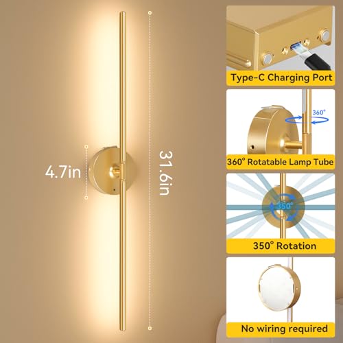 Image of Ouyulong Battery Operated Wall Sconces Set of 2, 8000mAh Wireless Rechargeable 3000-6000K Dimmable 350 Rotate Wall Light with Remote for Living Room, Bedroom 31.6in Gold