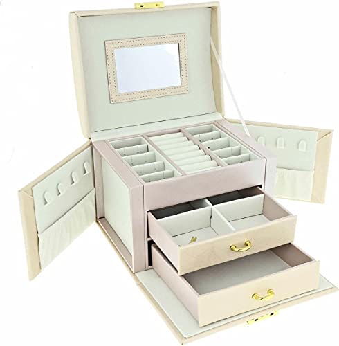 Behave® Schmuckkästchen - Schmuckkasten mit 3 Ebenen - Schmuckschatulle mit Schubladen & Spiegel - Für Halsketten, Ringe, Armbänder, Ohrringe & Co. - Inkl. Spiegel & Schloss - Weiß Cover