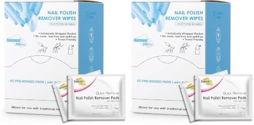 Image of Diamond Wipes Nail Polish Remover Wipes with Aloe Vera, Acetone Nail Polish Remover Pads, 50 Individually Wrapped Nail Polish Wipes (Pack of 2)