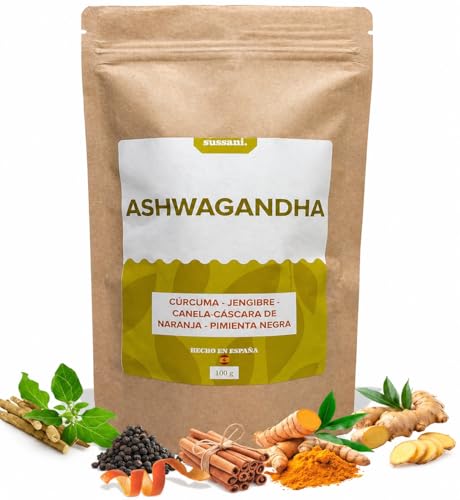 Infusión Ashwagandha Cúrcuma Jengibre Canela Pimienta Negra y Cáscara de Naranja. Alivio del Estrés, Energía Natural, Ayuda a Dormir, Mejora Estado de Ánimo, Propiedades Antiinflamatorias