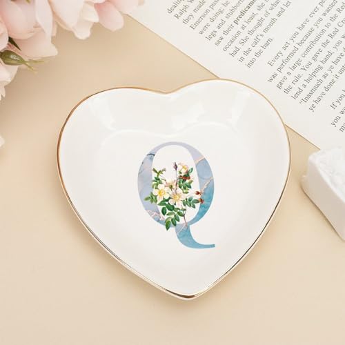 Plato de joyería con inicial Q UanMere mini bandeja cerámica de 4 pulgadas para anillos 2