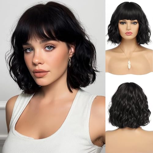 ZXTGBQ Peluca Corta Ondulada Negra con Flequillo Ondulado Corto Bob Peluca para Mujer, Pelo Natural Sintético Rizado para Fiestas Diarias, Carnaval, Cosplay