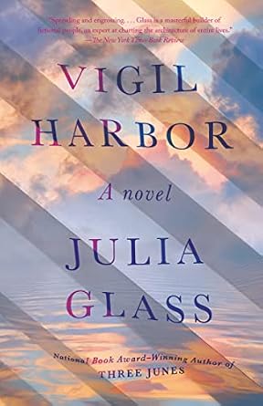 Vigil Harbor by Julia Glass book cover featuring a purple and orange sunset over the water and thick faint grey stripes cutting across diagonally.